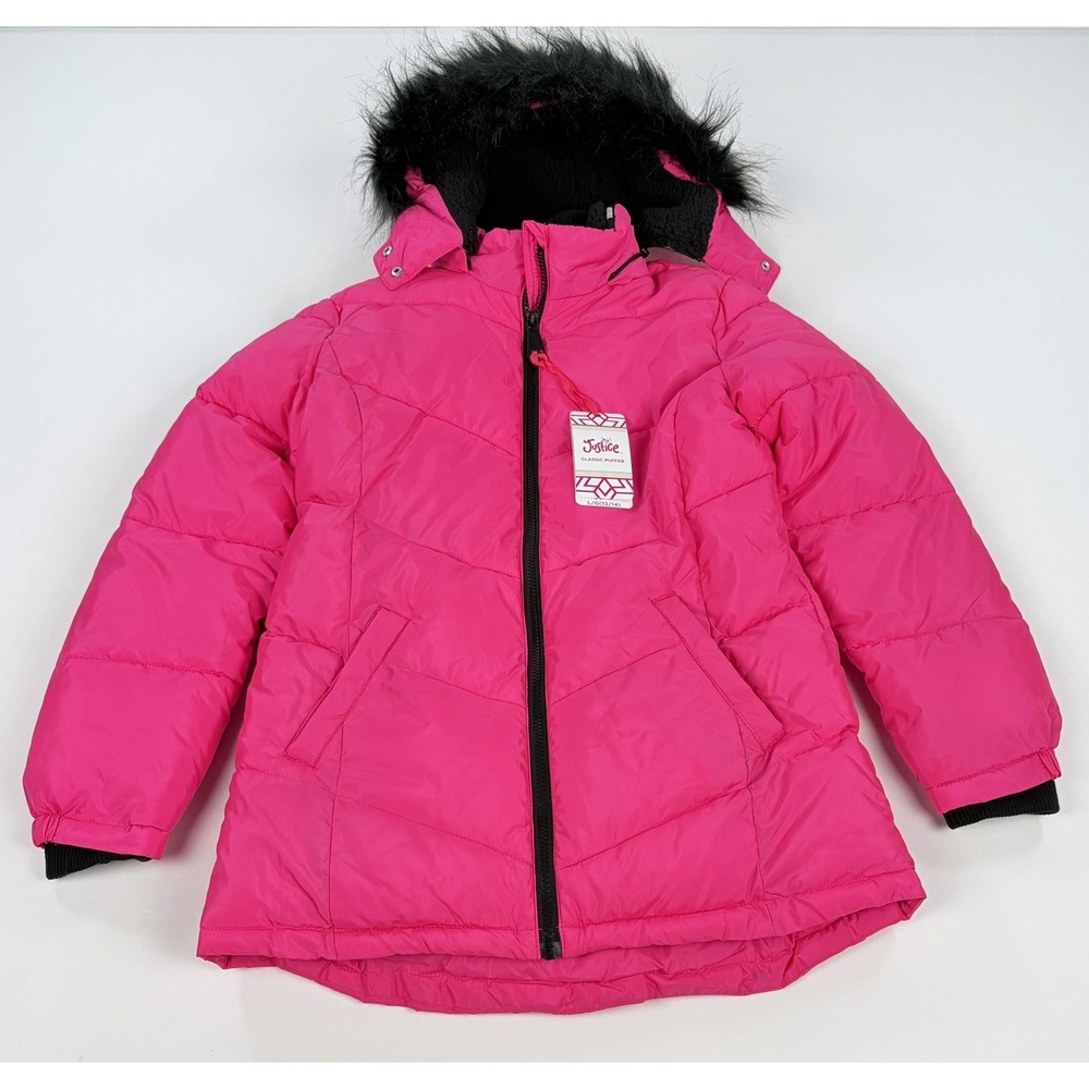 Justice Girl's Pink Puffer Jacket Sherpa Lined Coat Removable Hood L 12/14 New